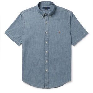 Men's Denim Blue Polo Button Up Shirt by Ralph Lauren Shirt Size Large